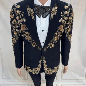 Men’s Black Embroidered Tuxedo Suit Floral Gold Design Wedding Party <b>Blazer</b> <b>Set</b> Custom Formal Suit - Product Image 1