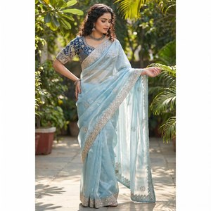 Fendy <b>Satin</b> <b>Saree</b> with Heavy Embroidery Sequins Border Premium Fully Stitched Embroidered Blouse Wedding Party Wear <b>Saree</b> - Product Image 3