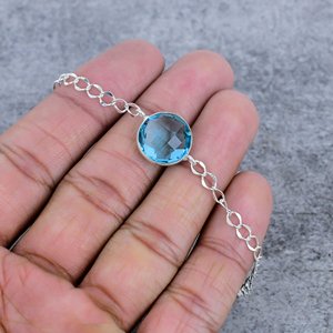 Blue Topaz Gemstone 925 Sterling Silver Plated Bezel Connector Shape Chain <b>Bangles</b> <b>for</b> Anniversary Gift Party Everyday Wear - Product Image 1