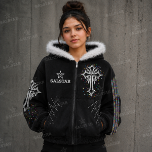 SALSTAR <b>Women's</b> Hoodie Black <b>Fleece</b> Sequined Cross Print Zip-Up Winter <b>Warm</b> Streetwear Hip Hop Style - Product Image 3