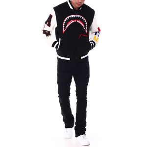 <b>Men's</b> Black <b>White</b> Varsity <b>Jacket</b> Shark Mouth Embroidery Patch Design Streetwear Turn-down Collar Regular Fit Autumn Wear - Product Image 1