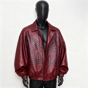 Blouson moto en cuir marron pour homme, col rabattu, fermeture éclair, motif floral brodé à la main, manches classiques, idéal pour l'automne - Product Image 4