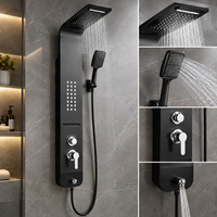 Système de douche mural LED noir de luxe moderne avec robinet thermostatique, jets de pluie et de massage, finition brossée douce, idéal pour les hôtels