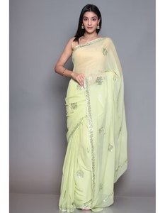Sari KV Embellecido con Zari Jaipur Verde Claro con Blusa Sin Coser - Product Image 4