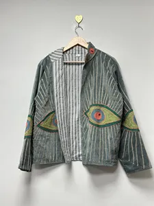 Premium Gray <b>Velvet</b> Suzani Embroidered <b>Jacket</b> with Eye Pattern Full Sleeve Stand Collar Bohemian <b>Women's</b> Winter Outerwear - Product Image 3