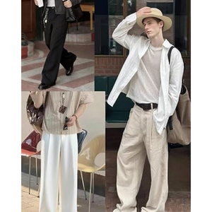 Pantalon d'été décontracté pour homme en lin tissé léger, taille mi-haute, uni, à braguette boutonnée, coupe ample, plissé, pour la plage et les sorties BD - Product Image 6