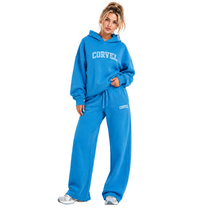 Survêtement urbain oversize pour femme avec sweat à capuche et pantalon de survêtement à jambe large, imprimé lettres universitaires personnalisées, en molleton épais, tenue de sport décontractée - Product Image 1
