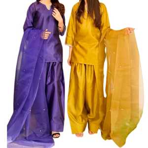 Nuevo Conjunto de Salwar Kameez Farsi de Satén Tradicional de Diseñador, Color Blanco, Traje Plazzo para Bodas, Fiestas y Festivales - Product Image 1