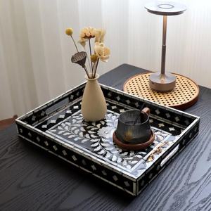 Mother Pearl Shell Art Deco Serving Tray <b>Black</b> Floral Inlay Nacre Decorative Ottoman Tray for Home Restaurant Use by Barkha star - Product Image 4