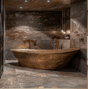 Baignoire sur piétement en cuivre martelé, entourée d'une vue panoramique sur la fenêtre. Découvrez la vie de luxe à prix de gros. - Product Image 3