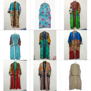 Elegant Patchwork 100% Pure Silk Women's Kimono Robe Boho Duster Jacket Beach Cover-Up V-neck Drawstring Closure Full Quick Dry - Product Image 1