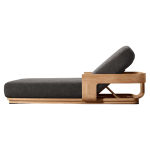 Chaise longue moderne minimaliste en teck avec coussin noir, dossier réglable, pour extérieur, bord de piscine, mobilier de jardin - Product Image 2