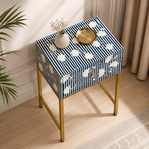 WOODEN ARTISTIC Blue Floral Bone Inlay Modern Wooden Nightstand with Storage <b>Drawer</b> Home Bedroom Furniture From Rajasthan - Product Image 4