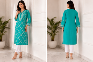 Exclusive Indian Georgette <b>Chikankari</b> Kurti Designer Sea Green Thread Embroidered Long Ethnic Wear for Women Wholesale - Product Image 3