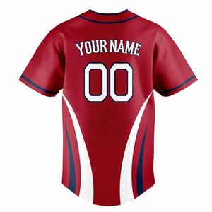 Maillot de baseball pour homme rouge, blanc et bleu, manches courtes, sublimé, personnalisé avec le nom de l'équipe, boutons sur le devant, polyester, coupe classique, uniforme - Product Image 3