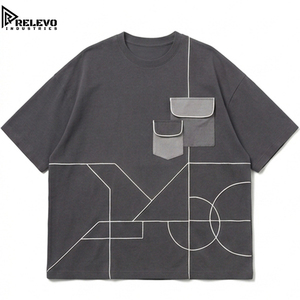 Premium Men Oversized Long Sleeve T-Shirt Charcoal Grey 100% Cotton Letter Pattern Dual Cargo Flap Pockets - Product Image 1
