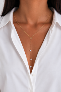 Collar de Oro Sólido de 14K con Tres Diamantes de Laboratorio de 0.24ctw, Color E, Claridad VS, Diseño Minimalista en Y, Cadena Larga con Colgante - Product Image 1
