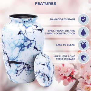 Urne funéraire en céramique blanche avec motif marbré bleu et motif oiseau, souvenir commémoratif pour adulte, pour cendres sacrées des défunts - Product Image 4