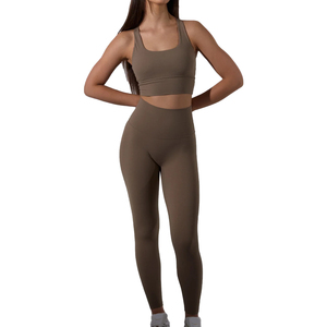 Conjunto de Dos Piezas de Leggings y Sujetador Deportivo de Cintura Alta para Mujer, Conjuntos de Yoga, Acolchados, Elásticos, de Color Sólido, para Gimnasio - Product Image 1