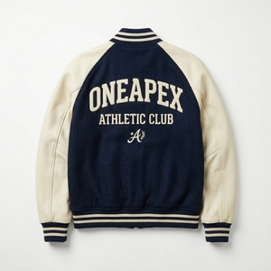 Veste zippée en mélange de laine bleu marine et crème pour homme, avec logo personnalisé, col et poignets en tricot côtelé, style streetwear décontracté, vente en gros, fabricant OEM, vêtements - Product Image 1