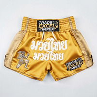 Shorts de Muay Thai pour hommes Trade Excel Impex, dorés, avec broderie frontale et impression sérigraphiée, taille mi-haute, fermeture élastique, style décontracté, séchage rapide