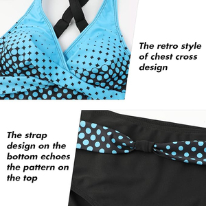 Women Bikini Set Blue Dot Print Plunge Neck Twist Top High Waist Bottom Swimwear Two Piece Beachwear - Product Image 4
