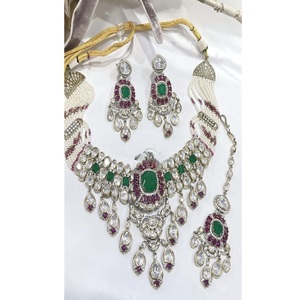 Stylish Premium Quality Brass Gold Plated Moissanite <b>Statement</b> Fusion <b>Necklace</b> Set with Earrings & Tikka for Wedding Party Wear - Product Image 1