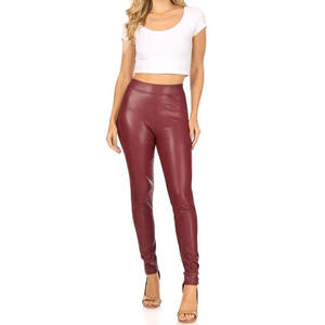 Leggings droits taille haute bordeaux en cuir véritable pour femme, style streetwear, hiver, longueur intégrale, taille élastique, devant plat - Product Image 4