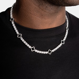 Luxury Silver Clover Tennis <b>Chain</b> Necklace for Men with <b>Iced</b> <b>Out</b> Moissanite Stones in Black Green Blue Enamel Design - Product Image 1