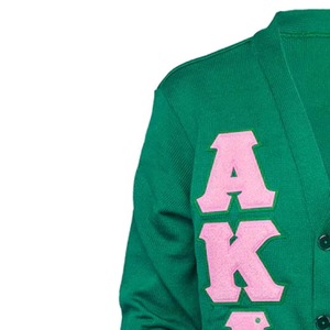 Green Cardigan Women's V-Neck Full Sleeve Embroidered Letter AK Logo Casual Knitted Sweater - Product Image 5