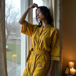 Couture Mustard Allure Dernière tendance Robe grande taille pour femme Robe kimono à porter au quotidien avec passepoil noir moutarde - Product Image 2