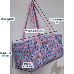 Blue Floral Hand Block Printed Cotton Sport Duffel <b>Bag</b> <b>Large</b> Capacity Zipper Closure Casual Travel Weekend for Striped Handles - Product Image 4