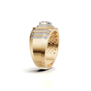 Anillo de Diamantes Imperial Redondo y Esmeralda para Hombre en Oro Amarillo de 18K, Anillo de Diamantes Creados en Laboratorio para Boda y Compromiso en Venta - Product Image 4