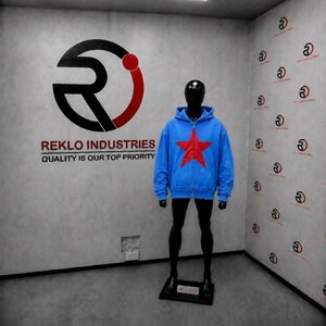 Sudadera con capucha azul extragrande con cremallera completa, estampado de estrellas rojas y borde desgastado, estilo streetwear unisex de ajuste holgado. ¡Oferta! - Product Image 3