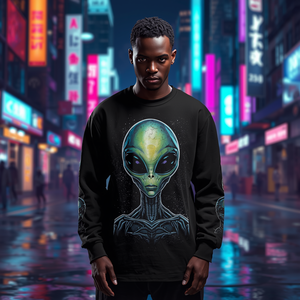T-shirt unisexe noir à manches longues avec imprimé alien, coupe oversize, col rond, en coton, style hip-hop, décontracté, avec personnalisation OEM ODM - Product Image 5