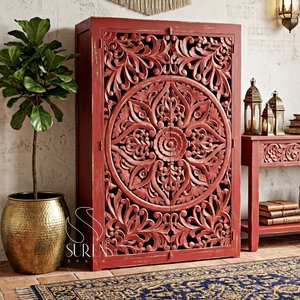 Puerta de Madera Tallada a Mano, Estilo Rústico Indio, Ecológica, Diseño de Armario de Madera Sólida para Dormitorio - Product Image 1