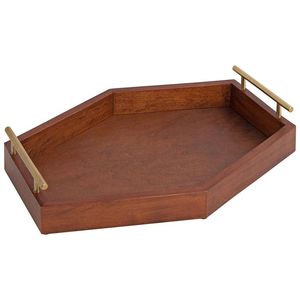 Plateau rond de luxe en bois de chêne foncé avec poignées en laiton brossé en forme de T, plateau de service circulaire en bois à rebord haut - Product Image 6