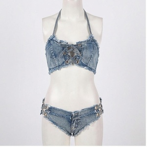 Ensemble bikini en jean pour femme, haut croisé à lacets, bas taille haute, maillot de bain 2 pièces, bleu délavé, coton extensible - Product Image 1