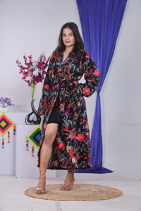 Bata de terciopelo con estampado de pájaros para mujer, de longitud completa, manga larga, cuello en V, cierre con cordón, ropa de dormir suave y acogedora para invierno - Product Image 2
