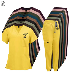 ชุดยูนิฟอร์มพยาบาลแบบสครับผ้ายีนส์สำหรับผู้หญิง เสื้อคอวี กางเกงคาร์โกเอวยางยืดพร้อมเชือกผูก  สามารถเลือกสีได้ตามต้องการ - Product Image 2