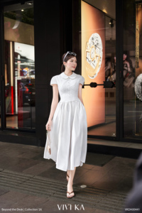 Vestido Midi Elegante de Encaje Blanco para Mujer, Cuello Peter Pan, Corte en A, Manga Corta, Ajustado, Estilo Festivo, Color Sólido, Transpirable, CINDY - Product Image 2