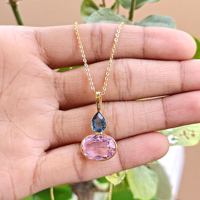Collar de cadena de latón chapado en oro de 18k con colgante de piedras preciosas de cuarzo azul de Londres y cuarzo rosa, joyería de doble piedra de gran venta.