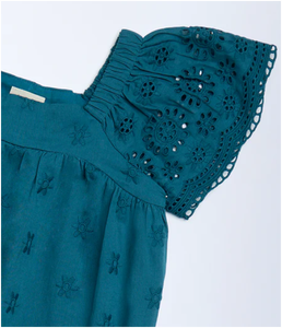 Vestido de Verano para Niñas, Color Verde Azulado, Cintura Media, Algodón, Silueta en A, Mangas con Vuelo - Product Image 3