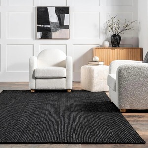 Tapis de salon rectangulaire moderne en jute tressée noire à poils ras, antidérapant, en matériau organique avec support en caoutchouc - Product Image 1