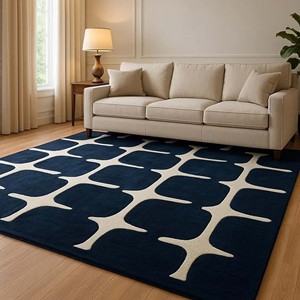 Tapis géométrique moderne bleu marine, tapis moelleux de luxe, motif design, tapis tufté à la main, tapis de sol, décoration contemporaine pour salon - Product Image 1
