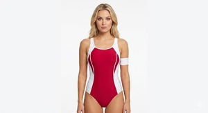 Women's <b>Red</b> One-Piece Swimwear Ribbed Side Stripe Stretch Cross Back Bathing <b>Suit</b> Solid Color Knitted Spandex Polyester - Product Image 2
