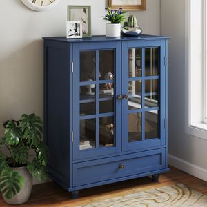 Credenza Moderna Minimalista in Legno Blu con Doppie Ante in Vetro e Cassetto per Soggiorno, Mobile Buffet per Stoccaggio - Product Image 2
