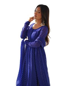 Ensemble de costume Anarkali rayé bleu royal pour femmes avec dupatta, élégant ensemble de kurta ethnique pour femmes, tenue de fête traditionnelle indienne - Product Image 1