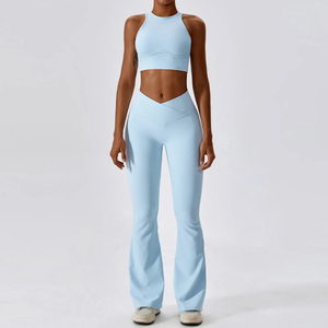 Women Yoga Set Ribbed High Waist Flared Leggings Spaghetti Strap Crop Top Solid <b>Green</b> Activewear 2 Piece Seamless Breathable - Product Image 3