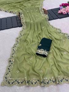 Women Olive <b>Green</b> Pure star Georgette <b>silk</b> Saree with Sequence and zari Embroidery Saree and Lace Border Elegant Ethnic Wear - Product Image 5